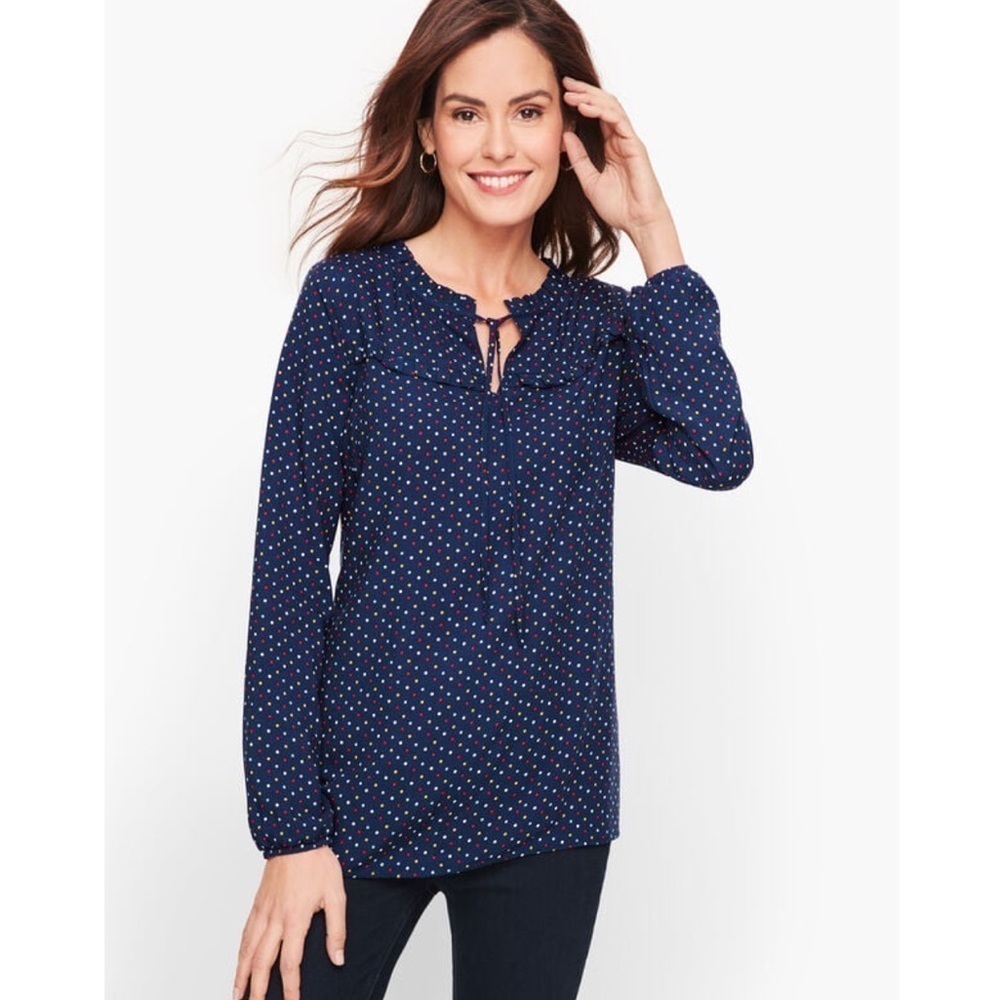 ❤️ NEW Talbots Tie Neck Polka Dot Print Top Ruffle Collar July 4th size L